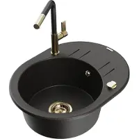 Mexen Kevin granieten gootsteen 1-kompartment met afdruiprek en keukenkraan Flora, zwart/gouden metallic - 6517-75-670401-57-G