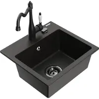 Mexen Milo granieten gootsteen 1-komor met keukenmengkraan Carla, zwart/goud metallic - 6505-75-670700-70-B