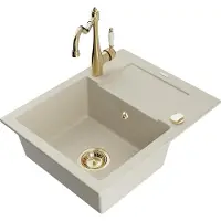 Mexen Enzo granieten spoelbak 1-komerig met afdruiprek en keukenkraan Carla, beige - 6506-69-670700-50