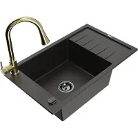 Mexen Elias granieten gootsteen met 1 bak en afdruiprek en keukenmengkraan Elia, zwart/goud metallic - 6511-75-670101-50-B