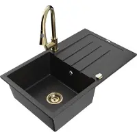 Mexen Bruno granieten spoelbak 1-kompartment met afdruiprek en keukenmengkraan Elia, zwart/zilver metallic - 6513-73-670101-50