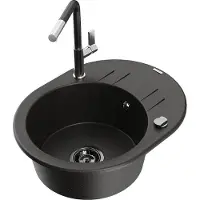 Mexen Kevin granitische spoelbak met 1 bak, afdruiprek en keukenkraan Flora, zwart/goud metallic - 6517-75-670401-07-B