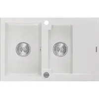 Mexen Gaspar granieten gootsteen met 1,5 bak en afdruiprek 737 x 475 , wit, chroom sifon - 6507731505-20
