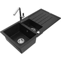 Mexen Andres granieten gootsteen 1,5-kamer met afdruiprek en keukenkraan Flora, zwart - 6515-77-670401-00