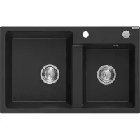 Mexen Tomas granieten gootsteen 2-kamerig 800 x 500 , zwart/zilveren metallic, chromen sifon - 6516802000-73