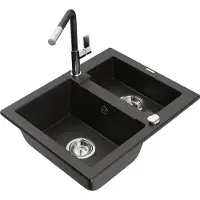 Mexen Carlos granieten spoelbak met 1,5 koen en keukenmengkraan Flora, zwart/goud metallic - 6518-75-670401-07