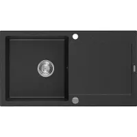 Mexen Leo granieten spoelbak 1-kompartement met afdruiprek 900 x 500 , zwart/zilvere metallic, chromen sifon - 6501901010-73
