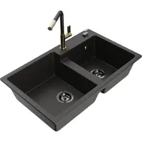 Mexen Tomas granieten gootsteen 2-kamers met keukenkraan Flora, zwart/goud metallic - 6516-75-670401-57-B