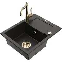 Mexen Enzo granieten spoelbak met 1 bak en afdruiprek en keukenkraan Carla, zwart/goud metallic - 6506-75-670700-50