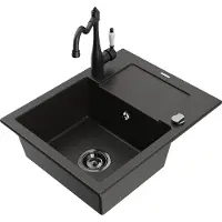 Mexen Enzo granieten spoelbak met 1 bak met druiprek en Carla keukenmengkraan, zwart/goud metallic - 6506-75-670700-70-B