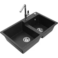 Mexen Tomas granieten spoelbak met 2 compartimenten en keukenmengkraan Flora, zwart/zilver metallic - 6516-73-670401-00