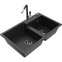Mexen Tomas granieten spoelbak met 2 kamers en keukenmengkraan Flora, zwart/zilver metallic - 6516-73-670401-07-B