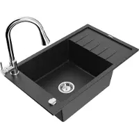 Mexen Elias granieten gootsteen 1-kompartment met afdruiprek en keukenkraan Elia, zwart/zilver metallic - 6511-73-670101-00