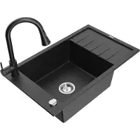 Mexen Elias granieten spoelbak 1-komors met afdruiprek en keukenmengkraan Elia, zwart/zilver metallic - 6511-73-670101-70