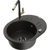 Mexen Kevin granieten spoelbak 1-kamer met afdruiprek en keukenkraan Flora, zwart/goud metallic - 6517-75-670401-57-B