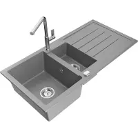 Mexen Andres granieten spoelbak 1,5-kamer met afdruiprek en keukenkraan Flora, grijs - 6515-71-670401-00