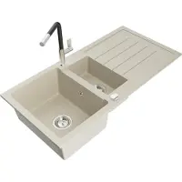 Mexen Andres granieten spoelbak 1,5-kamerig met afdruiprek en Flora keukenkraan, beige - 6515-69-670401-07