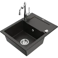Mexen Enzo granieten gootsteen 1-komoors met afdruiprek en keukenkraan Carla, zwart/goud metallic - 6506-75-670700-00