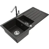 Mexen Andres granieten spoelbak 1,5-komers met afdruipplaat en keukenmengkraan Flora, zwart/goud metallic - 6515-75-670401-00