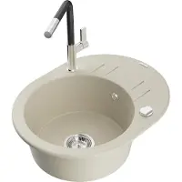 Mexen Kevin granieten gootsteen met 1 bak en afdruiprek en Flora keukenkraan, beige - 6517-69-670401-07