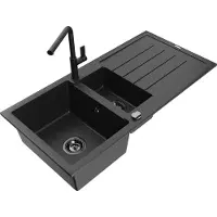 Mexen Andres granieten spoelbak 1,5-kamer met afdruiprek en keukenkraan Flora, zwart/zilver - 6515-73-670401-70-B