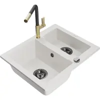 Mexen Carlos granieten gootsteen 1,5-kamer met keukenkraan Flora, wit - 6518-20-670401-57-B
