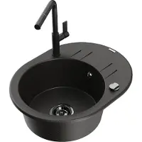 Mexen Kevin granitische gootsteen met 1 bak, afdruiprek en keukenkraan Flora, zwart/gouden metallic - 6517-75-670401-70-B