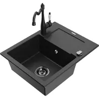 Mexen Enzo granieten spoelbak 1-bak met afdruiprek en keukenkraan Carla, zwart/zilver metallic - 6506-73-670700-70-B