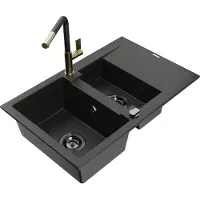 Mexen Gaspar granieten gootsteen 1,5-komor met afdruipplaat en keukenkraan Flora, zwart/goud - 6507-75-670401-57-B
