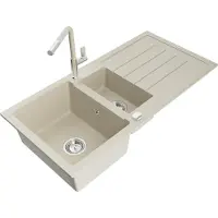 Mexen Andres granieten spoelbak met 1,5 kamers, afdruiprek en Flora keukenmengkraan, beige - 6515-69-670401-09