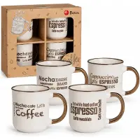 Benza 4 Koffiebekers Steengoed – 200 ml – Set van 4 Mokjes met Koffietekst – Metallic Glazuur – Ø 7,7 x 8,1 cm – In Kraftdoos