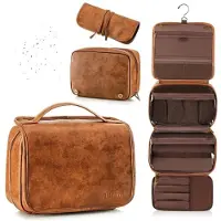 INF 3-in-1 Reistoilettas - Draagbare PU Lederen Organizer met Haak & Meerdere Vakken Brown