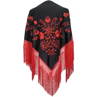 La Señorita - Spaanse manton - omslagdoek – zwart rood Large met rode franjes