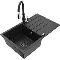 Mexen Bruno 1-persoons granieten spoelbak met afdruiprek en keukenmengkraan Savita, zwart/zilver - 6513-73-672601-70-B