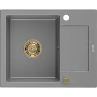Mexen Enzo granieten gootsteen 1-komors met afdruiprek 576 x 465 , grijs, gouden sifon - 6506571005-71-G