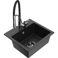 Mexen Milo granieten gootsteen 1-komor met keukenmengkraan Aster, zwart/zilver metallic - 6505-73-73450-07-B