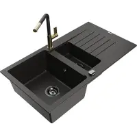 Mexen Matias granieten spoelbak 1,5-komors met afdruiprek en keukenkraan Flora, zwart/goud - 6502-75-670401-57-B