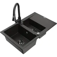 Mexen Gaspar granieten gootsteen 1,5-komorig met afdruiprek en keukenmengkraan Elia, zwart/goud metallic - 6507-75-670101-70-B