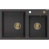 Mexen Tomas granieten spoelbak 2-kamers 800 x 500 , zwart gespikkeld, gouden sifon - 6516802000-76-G