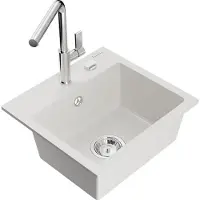 Mexen Milo granieten spoelbak 1-komor met keukenkraan Flora, wit - 6505-20-670401-00