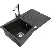 Mexen Cesar granieten gootsteen 1-komors met afdruiprek en keukenkraan Rita, zwart/gouden metallic - 6514-75-670300-00