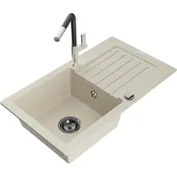 Mexen Pablo granieten gootsteen 1-komors met afdruiprek en keukenkraan Flora, beige - 6510-69-670401-07-B