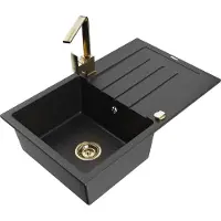 Mexen Bruno granieten gootsteen 1-komorige met afdruiprek en keukenkraan Rita, zwart/zilveren metallic - 6513-73-670300-50