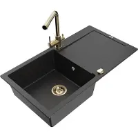 Mexen Leo granieten spoelbak 1-kompartement met afdruiprek en keukenkraan Duero, zwart/zilveren metallic - 6501-73-671600-50