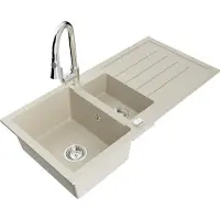 Mexen Andres granieten gootsteen 1,5-komor met afdruiprek en keukenmengkraan Elia, beige - 6515-69-670101-00