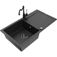 Mexen Leo granieten spoelbak 1-bak met afdruiprek en keukenmengkraan Carla, zwart/zilver metallic - 6501-73-670700-70-B