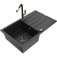 Mexen Bruno granieten spoelbak 1-komorsig met afdruiprek en keukenkraan Flora, zwart/zilver metallic - 6513-73-670401-57-B