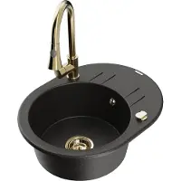 Mexen Kevin granieten spoelbak 1-komor met afdruiprek en keukenkraan Elia, zwart/gouden metallic - 6517-75-670101-50