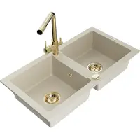Mexen Mario granieten spoelbak 2-kamer met keukenkraan Duero, beige - 6504-69-671600-50
