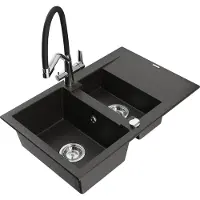 Mexen Gaspar granieten spoelbak 1,5-komor met afdruiprek en keukenkraan Duo, zwart/goud metallic - 6507-75-671701-07